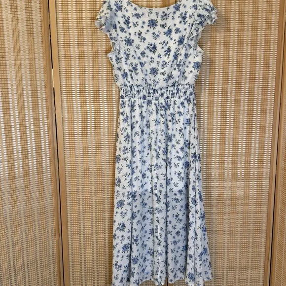 Indigo Rose Womens XL Floral Dress Lined Midi White Blue Cottagecore Fairycore - Picture 4 of 10